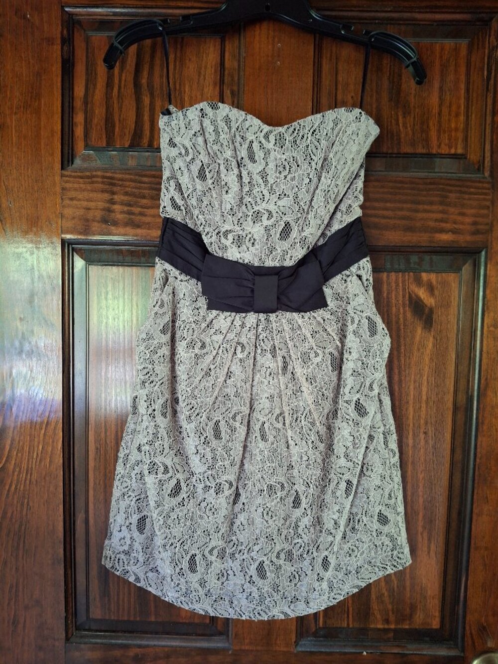Pink and black lace strapless minidress